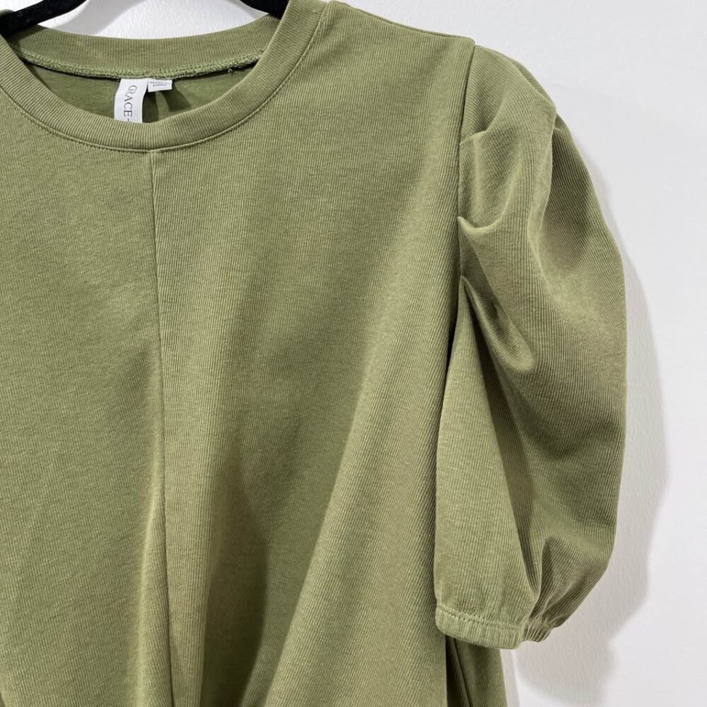 Statement Sleeve Elevated Boho Twist Neutral Casual Olive Green Top [size L] - Picture 3 of 8